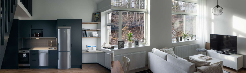 Modern studentlägenhet med stora fönster