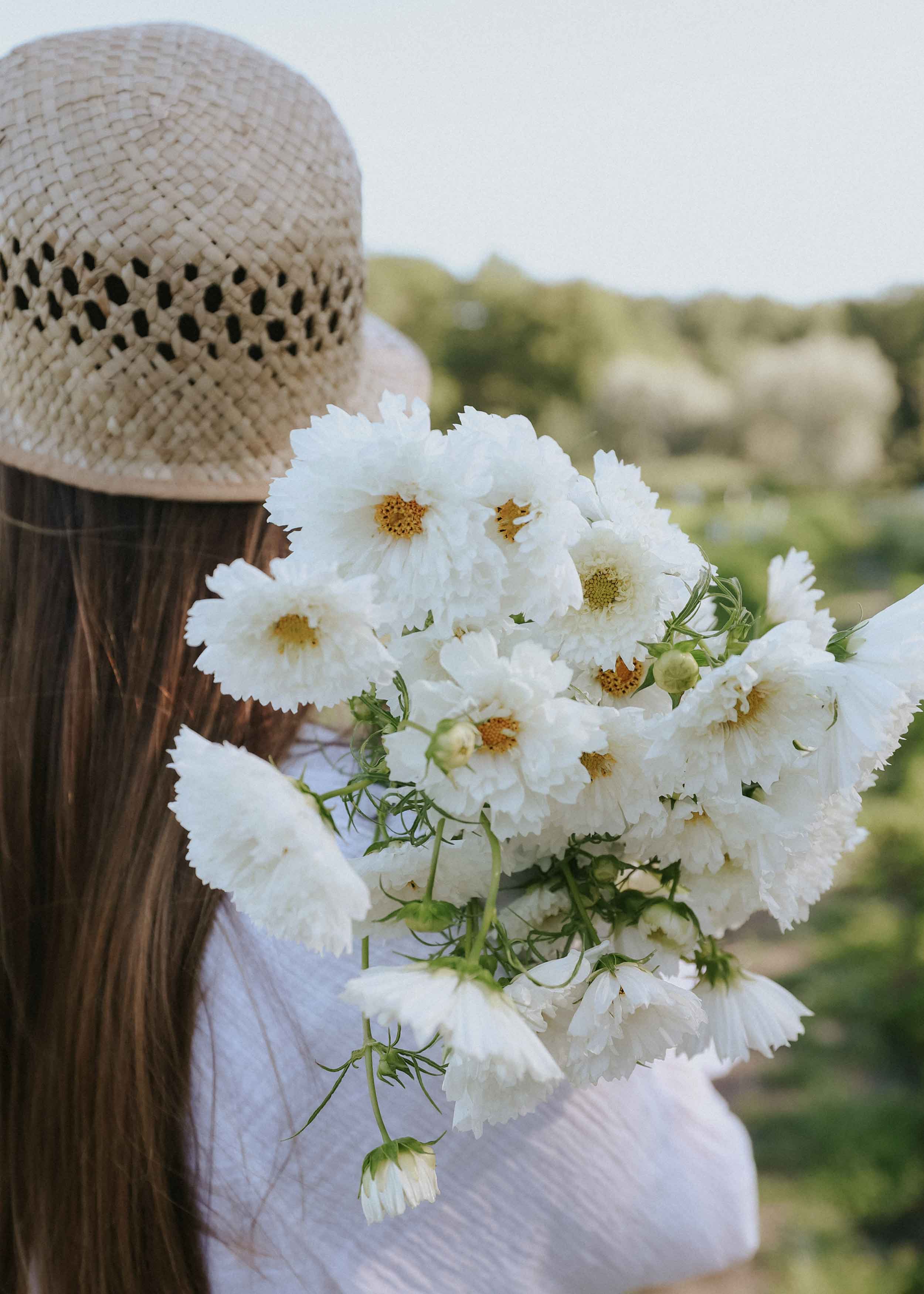 vita blommor, kvinna i hatt, äng