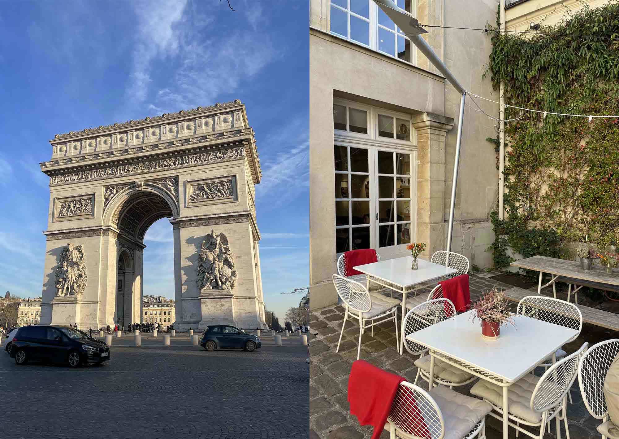Triumfbågen i Paris och ett kafe på en innergård i Paris