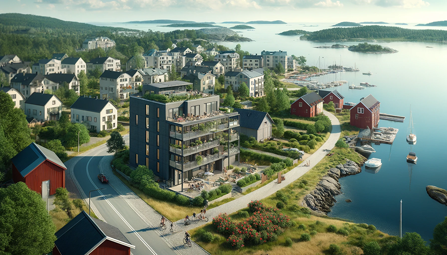 Nyproducerat flerbostadshus vid havet AI