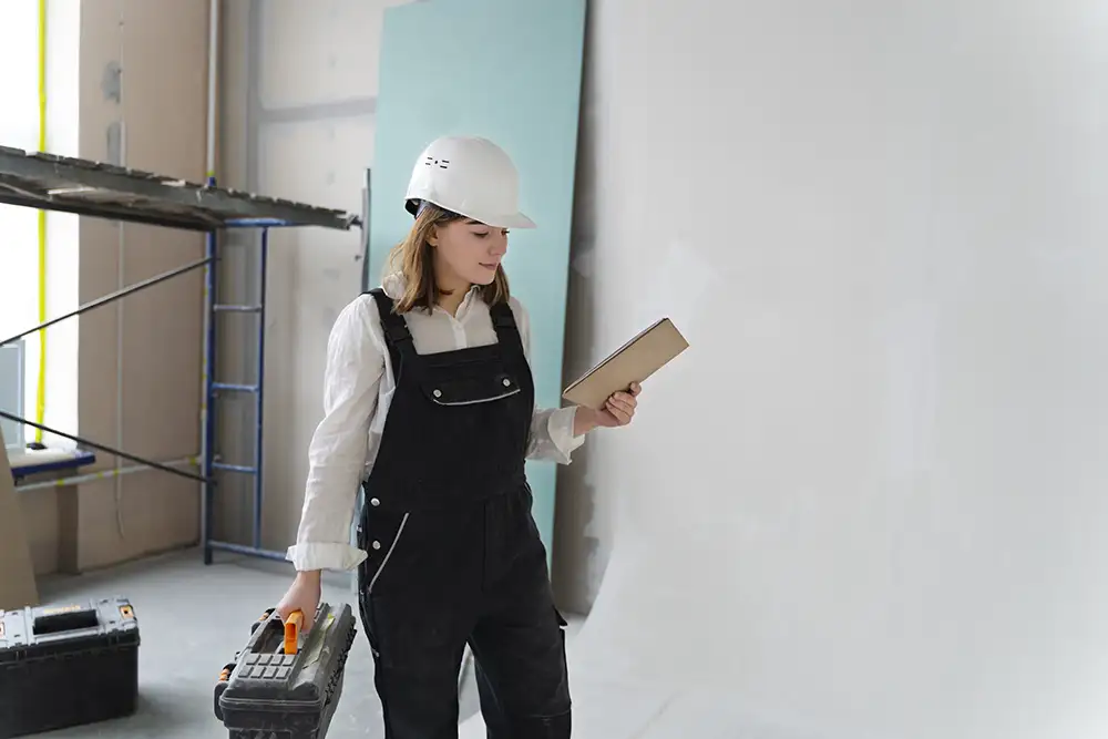 kvinna som bär hjälm vid renovering