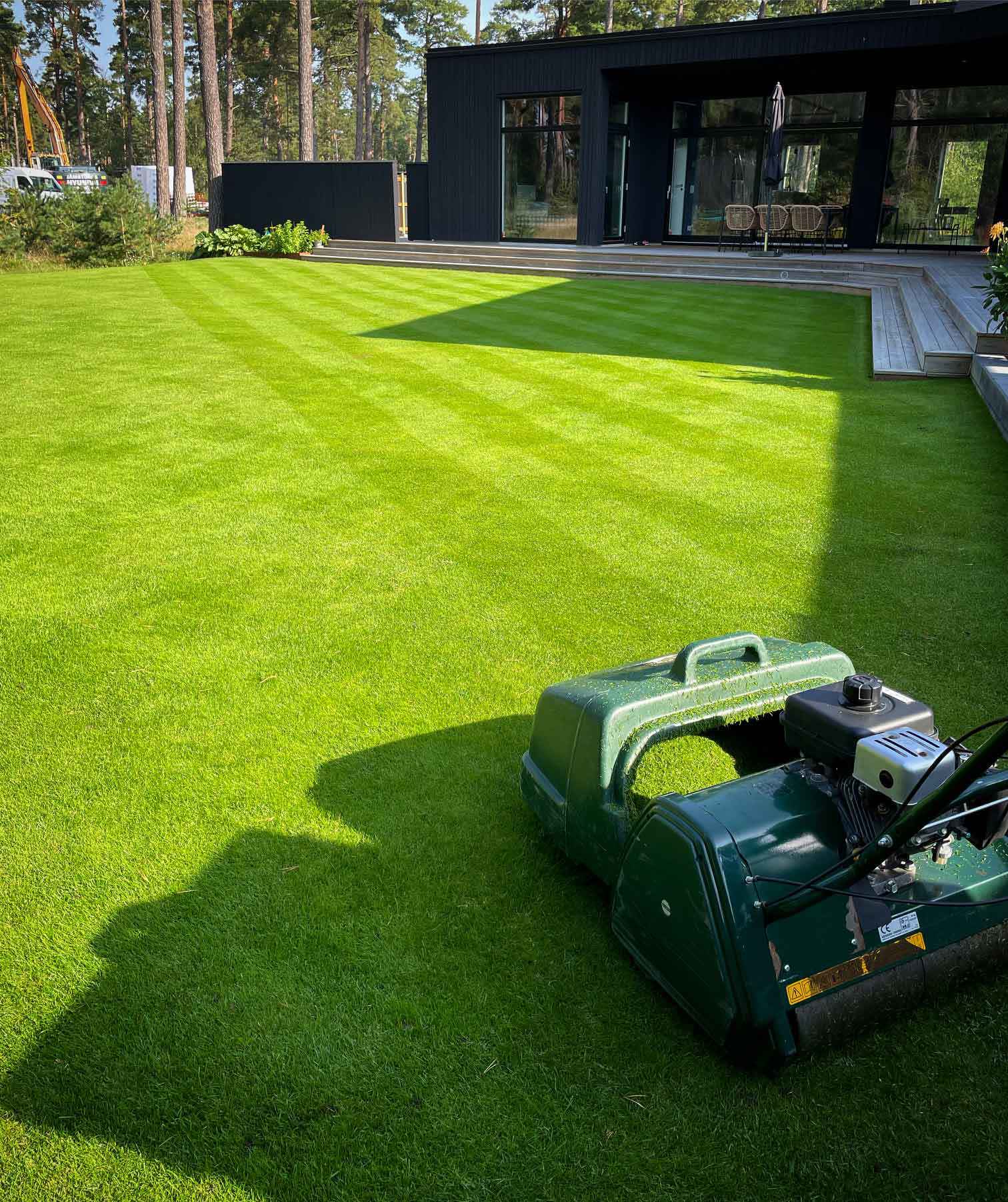 gräsklippare på en grön gräsmatta