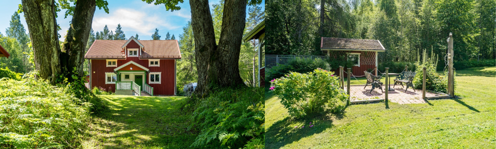 rött hus med vita knutar-till salu