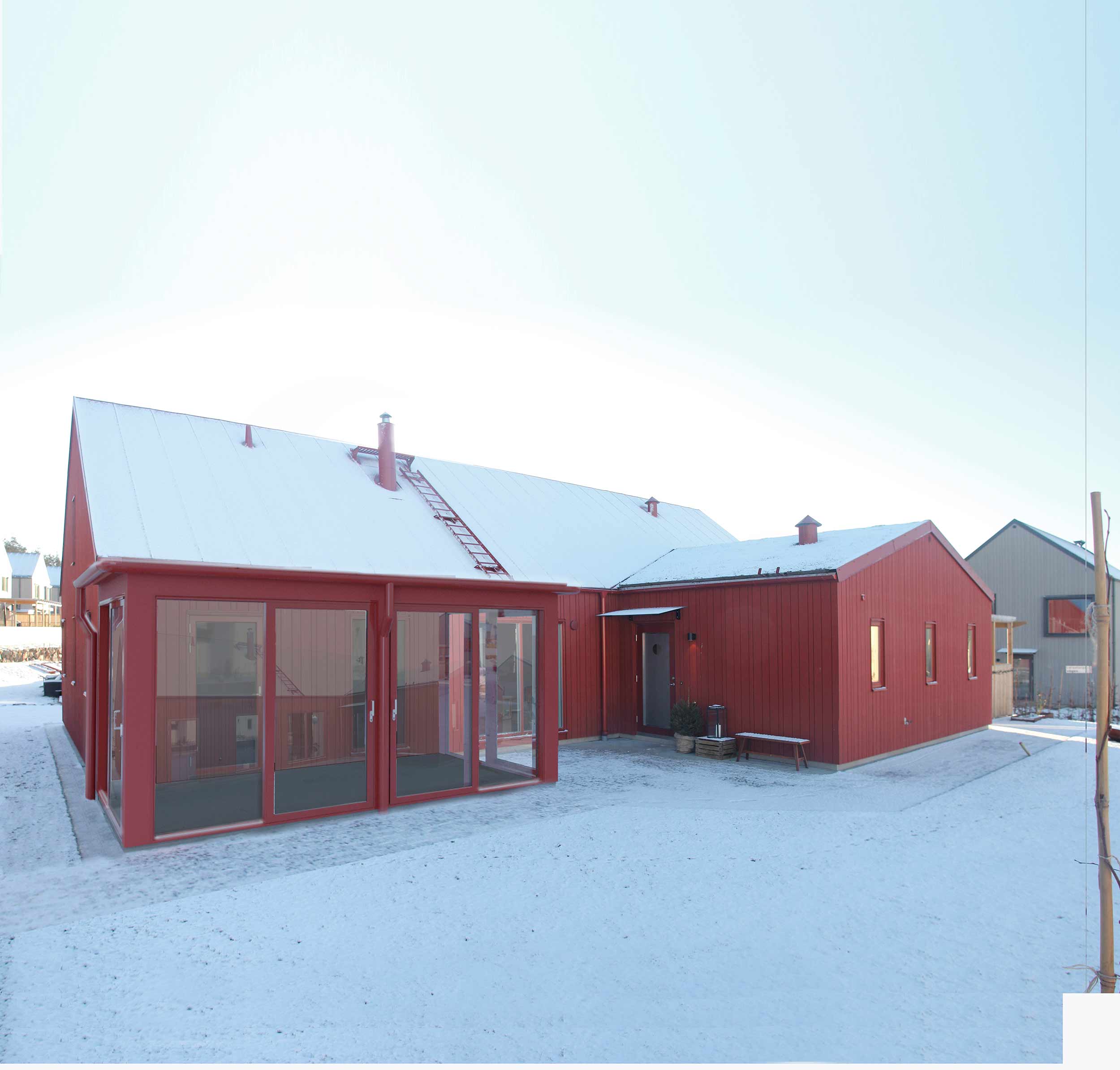 bostad, visualiserat, rött trähus