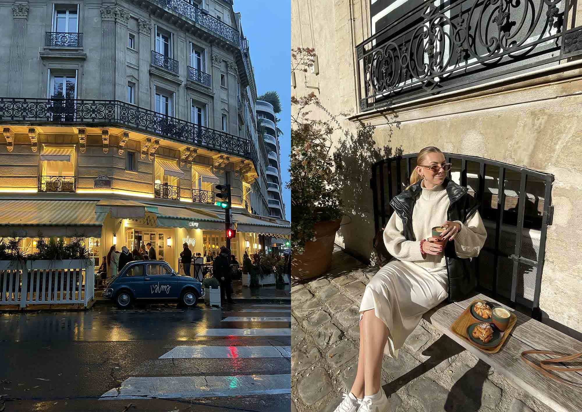 Restaurang på en gata i Paris och en tjej som fikar på en bänk