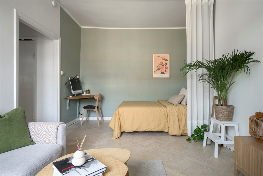 gardiner, liten lägenhet, säng, sovhörna