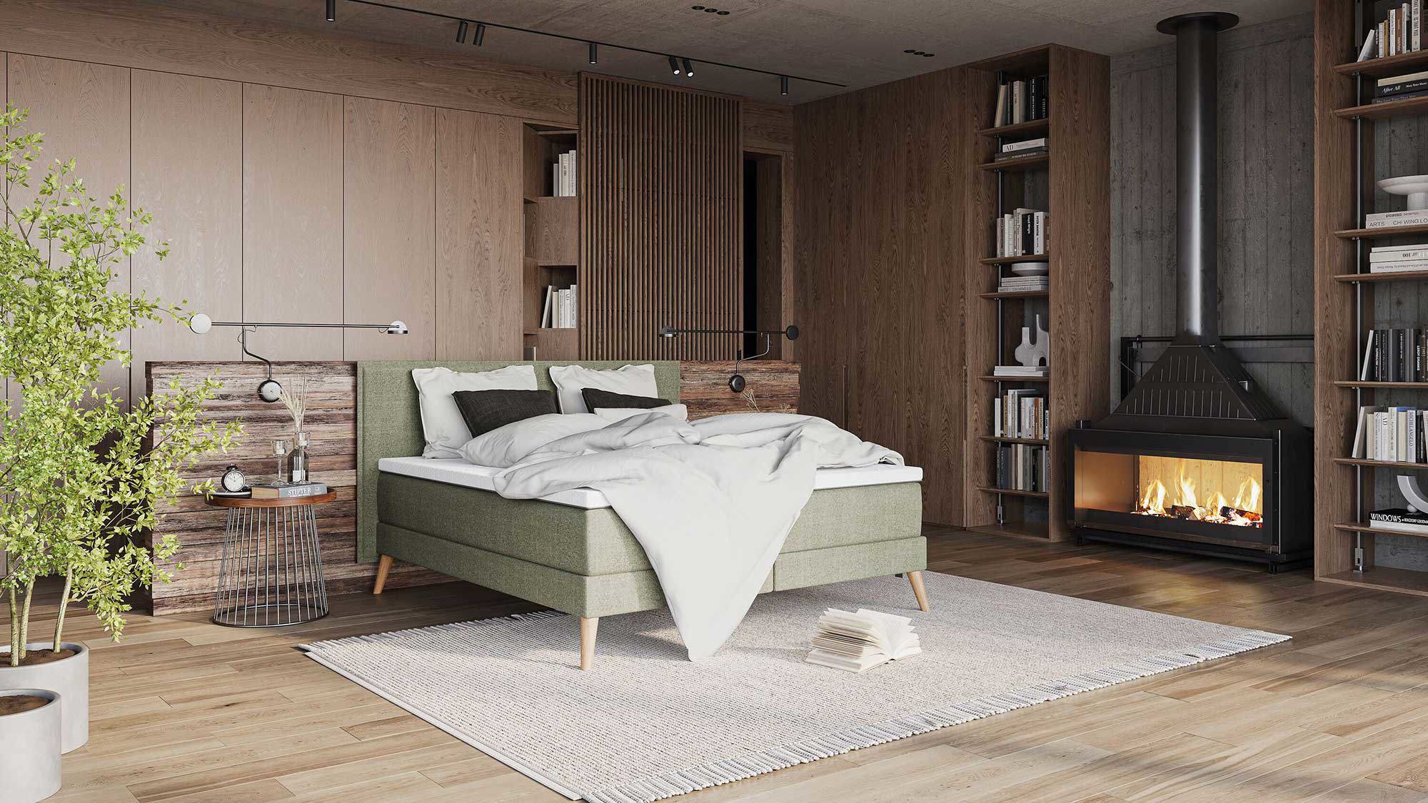 säng i sovrum, öppen spis, dubbelsäng, kontinentalsäng