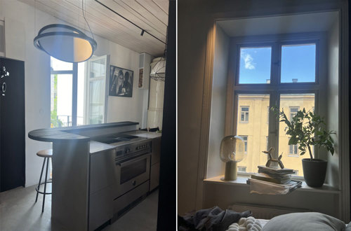 Tvådelad bild, ett på ett färdigrenoverat kök och ett färdigrenoverat sovrum