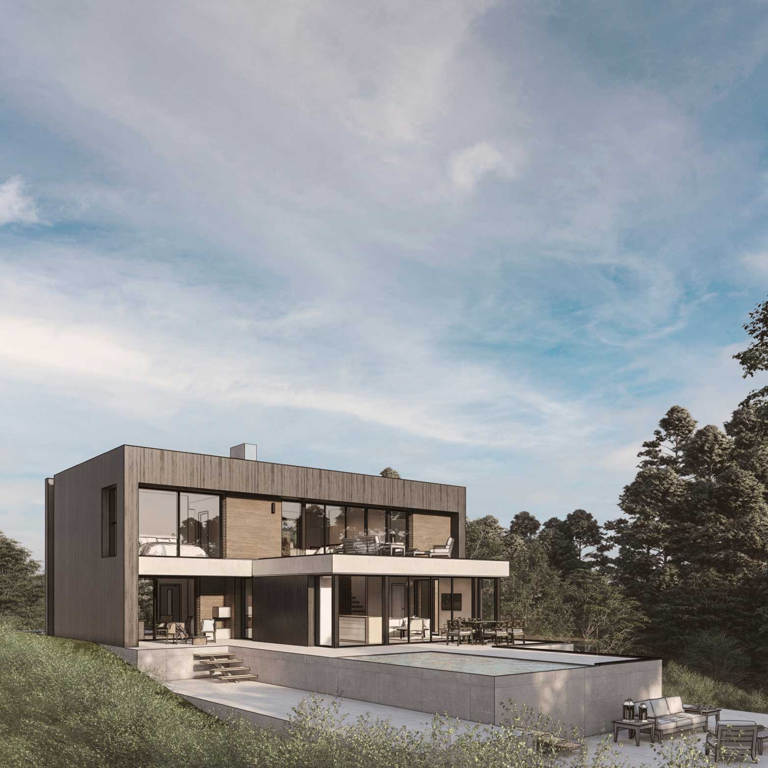 hus prototyp med pool framför