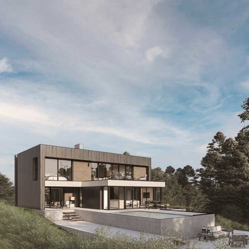 hus prototyp med pool framför