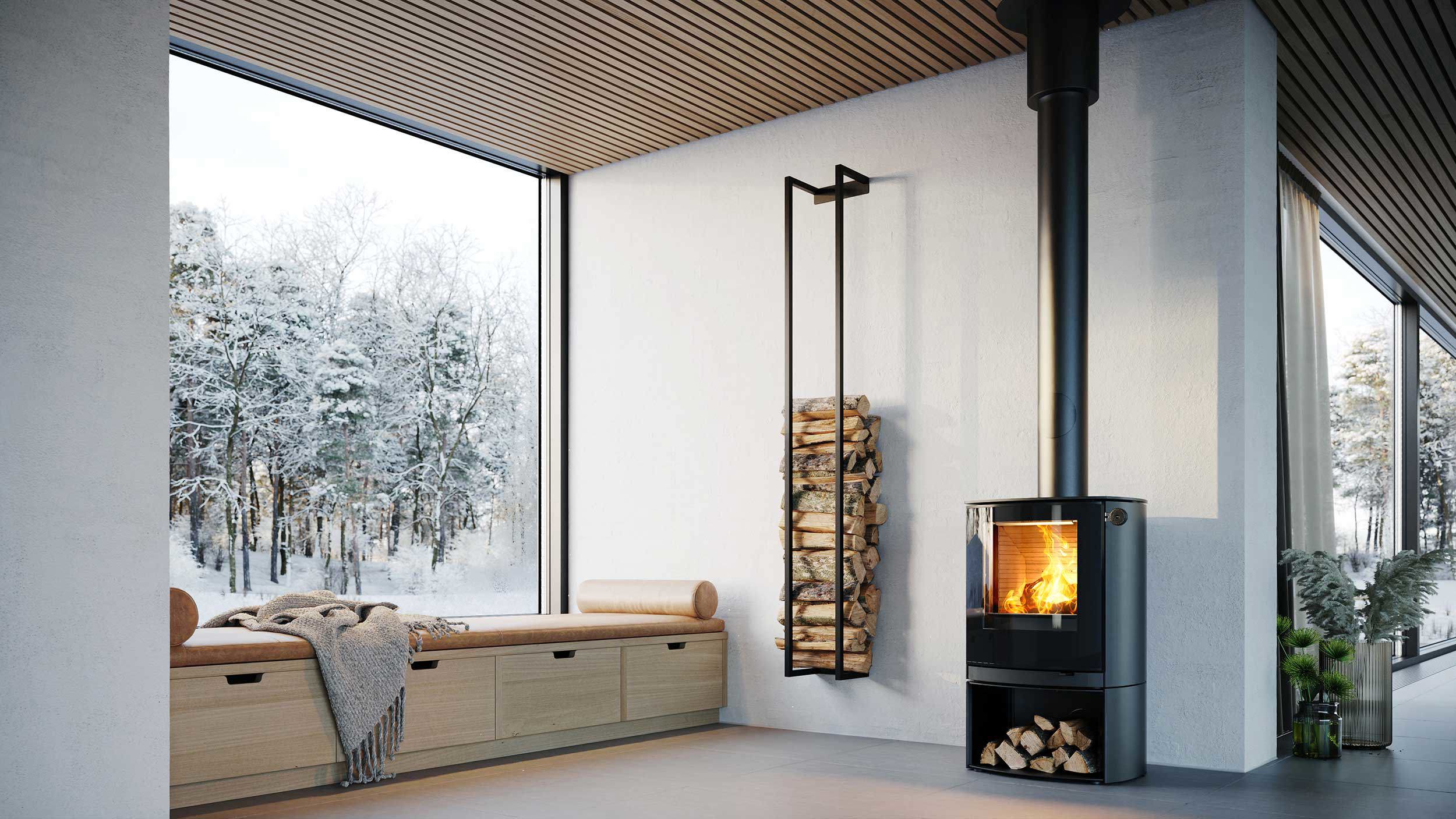 öppen spis, kamin, fönster mot vinterlandskap