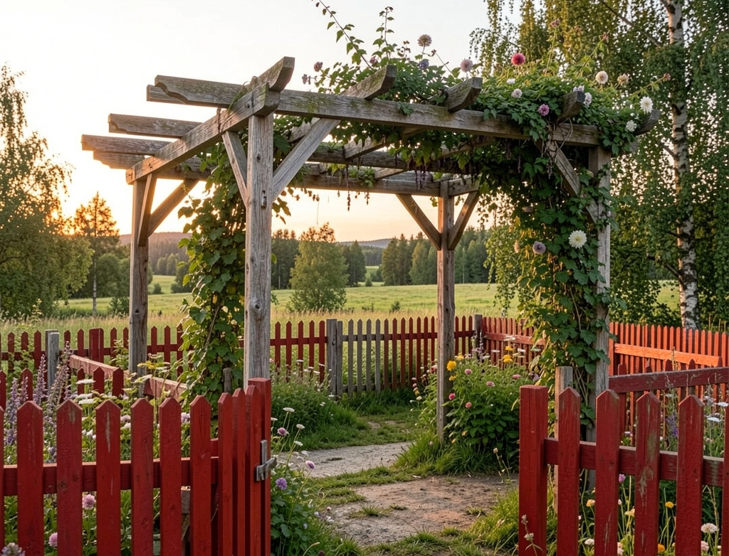 pergola med blomster på och runt
