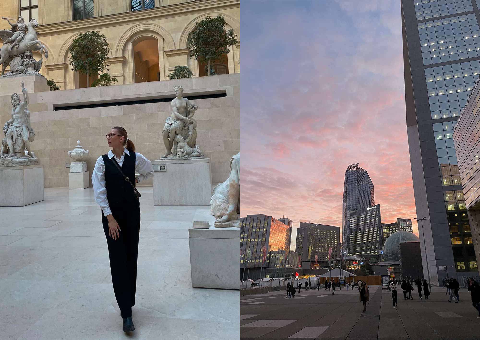 Tjej i Louvren och en gata i Paris med rosa himmel