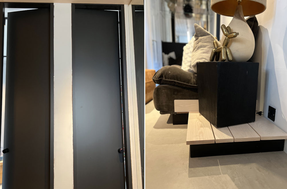 Tvådelad bild, en på höga dörrar och en på en box som står på en pall