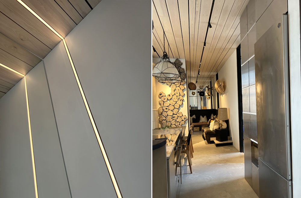 Tvådelad bild, ett på ett ljusmonument på en vägg och ett på en gång i lägenheten