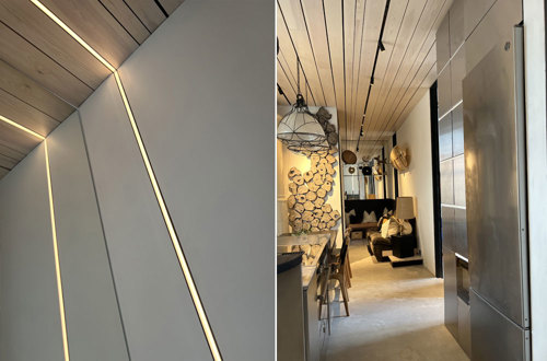 Tvådelad bild, ett på ett ljusmonument på en vägg och ett på en gång i lägenheten