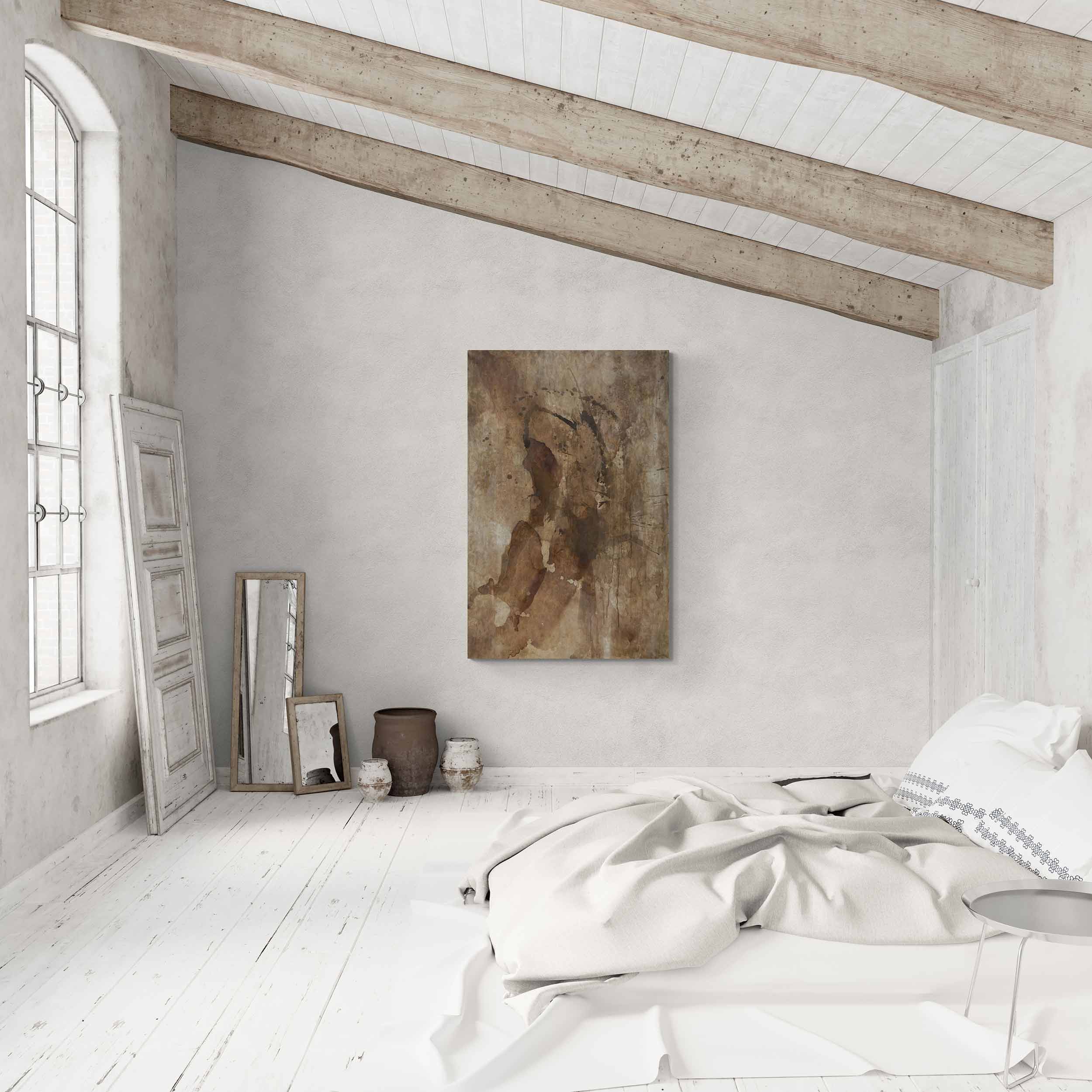 konst, japandi, tavla på vägg i sovrum