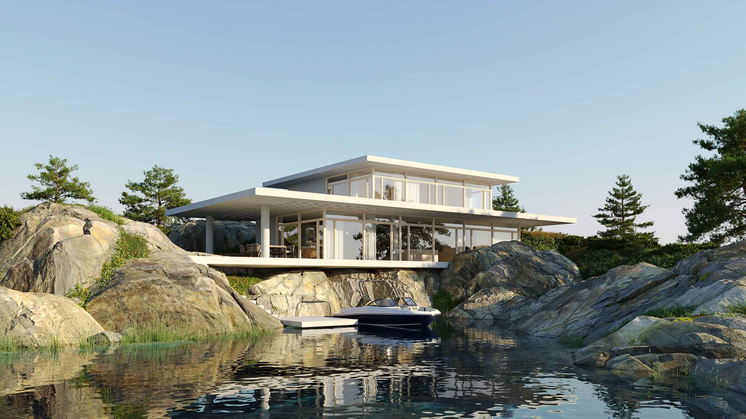 3d-ritad villa vid vattnet, vit villa, berg